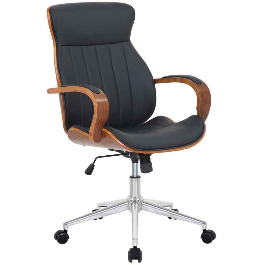 DMQ Černá koženková kancelářská židle Benno s ořechovou skořepinou