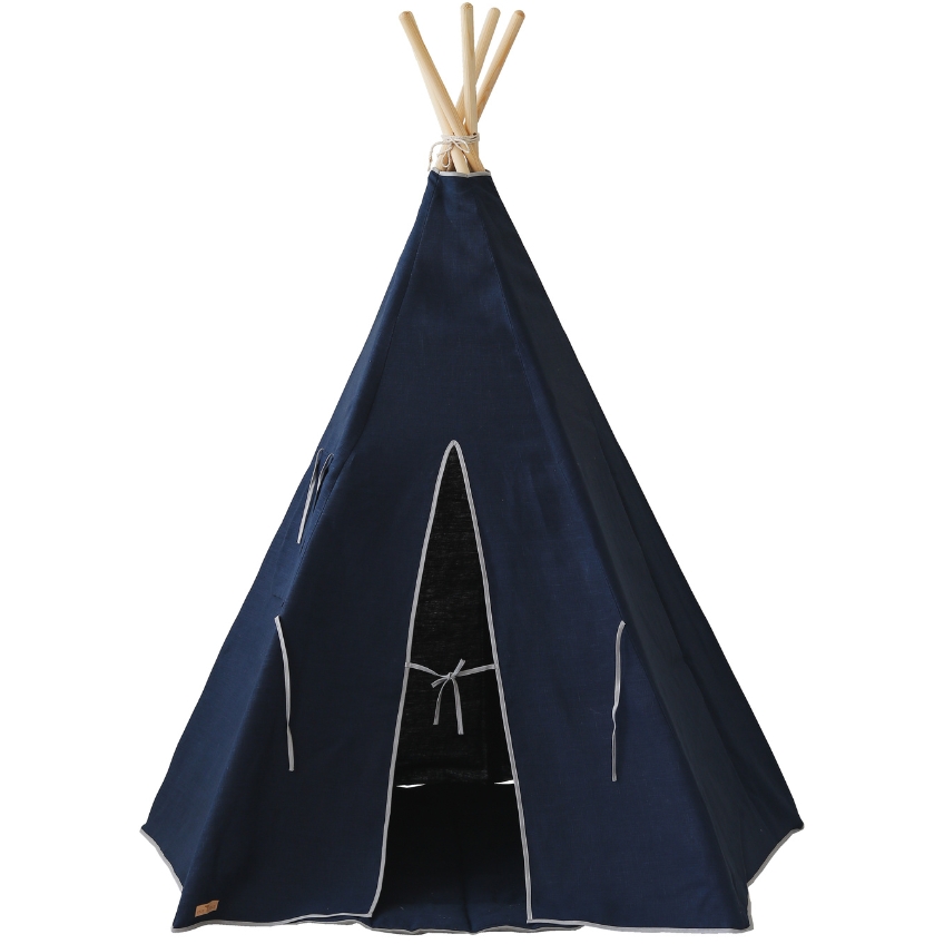 Moi Mili Tmavě modrý lněný teepee stan s podložkou Apache 170 x 130 cm